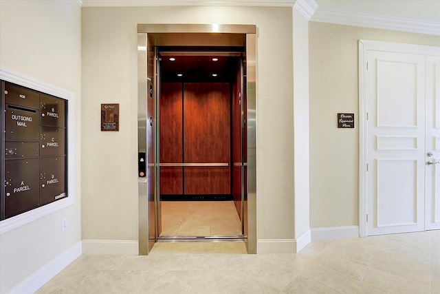 corridor featuring crown molding, elevator, and light tile patterned flooring