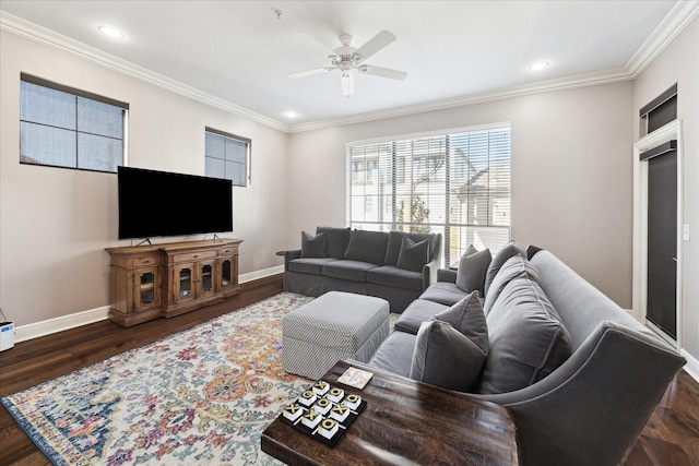 living room with ornamental molding, dark hardwood / wood-style floors, and ceiling fan