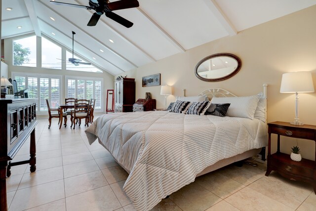 bedroom with ceiling fan, light tile patterned flooring, and lofted ceiling with beams