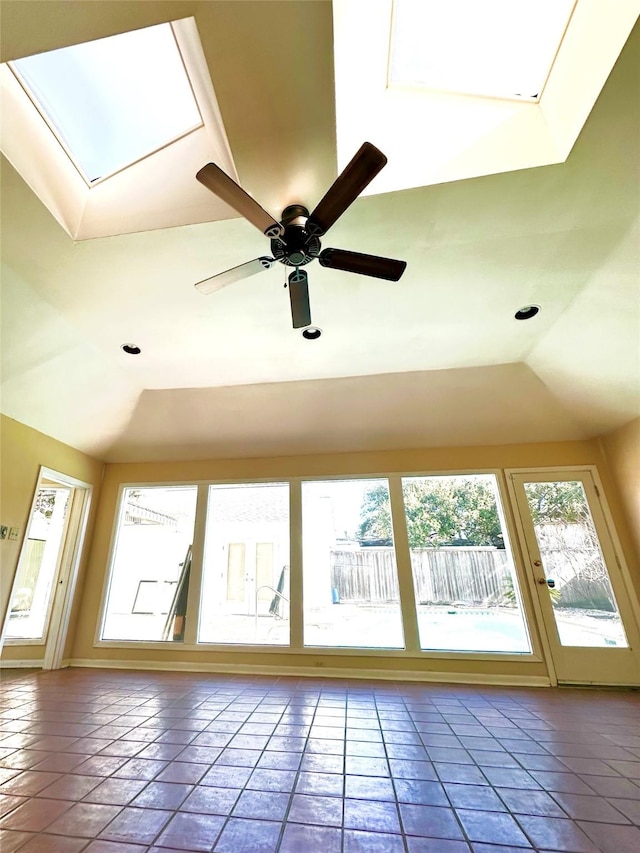 interior space with a skylight and ceiling fan