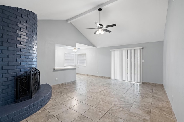 unfurnished living room with ceiling fan, vaulted ceiling with beams, a brick fireplace, and light tile patterned floors