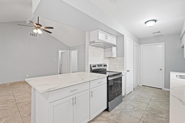 kitchen with vaulted ceiling with beams, stainless steel electric range oven, light stone counters, and white cabinetry