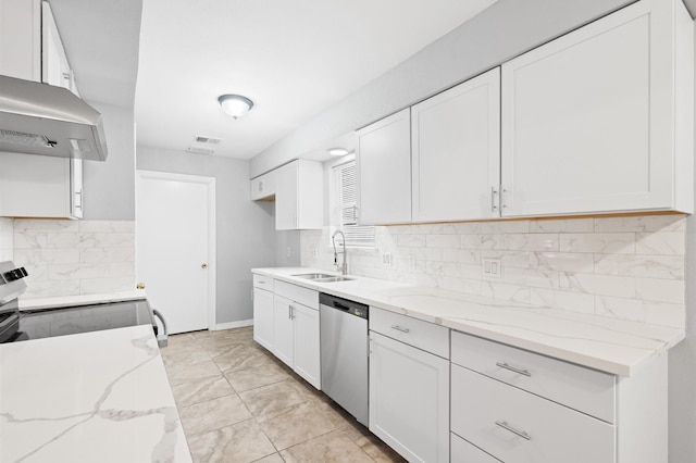 kitchen featuring white cabinetry, extractor fan, stainless steel appliances, light stone counters, and sink