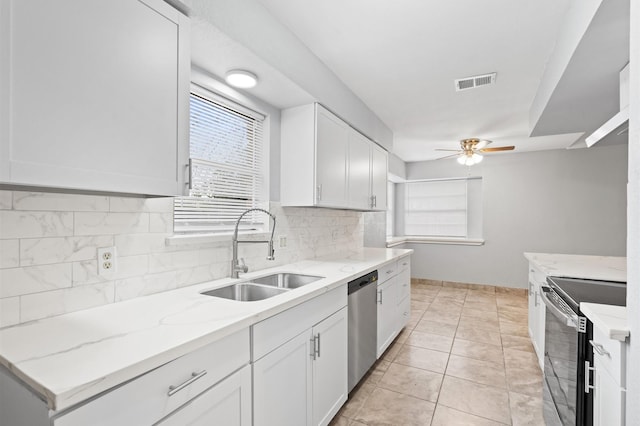 kitchen featuring electric range oven, stainless steel dishwasher, sink, light stone countertops, and white cabinets