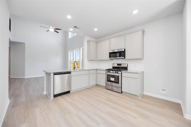 kitchen with ceiling fan, sink, light hardwood / wood-style flooring, light stone countertops, and stainless steel appliances