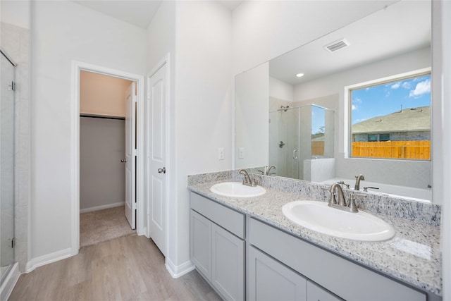 bathroom with walk in shower, vanity, and hardwood / wood-style flooring