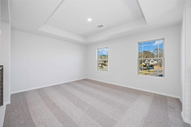 carpeted empty room featuring a raised ceiling