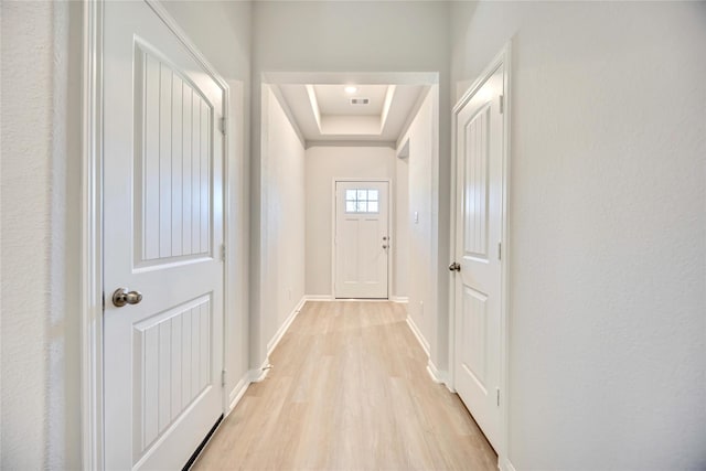 doorway featuring light hardwood / wood-style floors and a raised ceiling