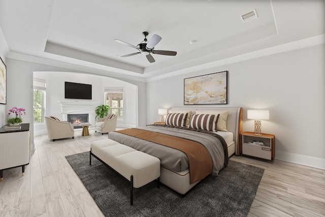 bedroom featuring a raised ceiling, ceiling fan, and multiple windows