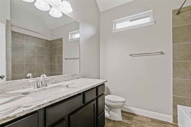 full bathroom with toilet, an inviting chandelier, vanity, wood finished floors, and baseboards