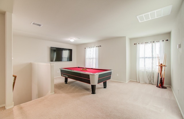 game room with light carpet and pool table