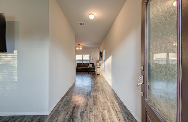 hallway featuring dark wood-type flooring