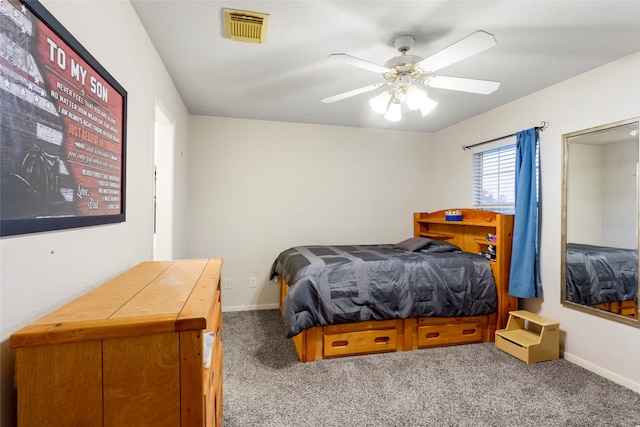 bedroom featuring ceiling fan and carpet floors