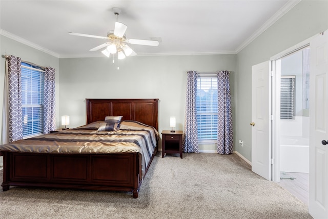 carpeted bedroom featuring ceiling fan and crown molding