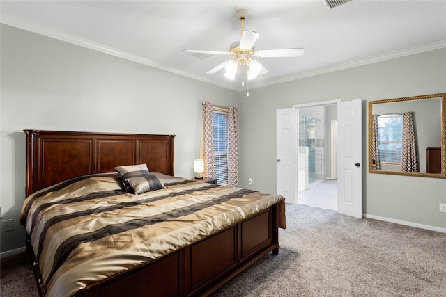 carpeted bedroom with ceiling fan and ornamental molding