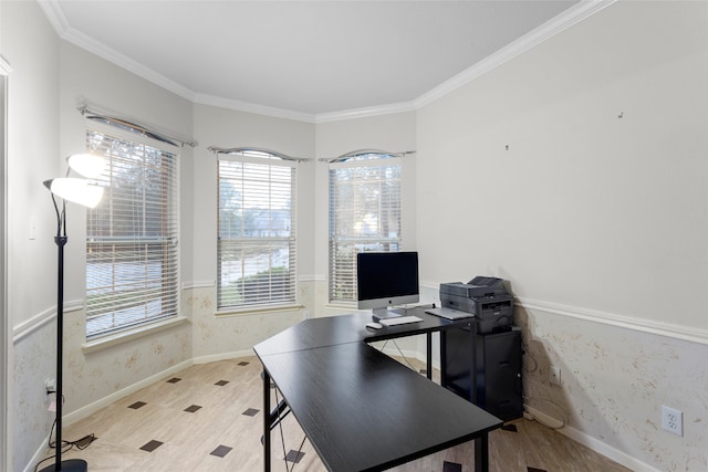 home office featuring crown molding and light hardwood / wood-style flooring