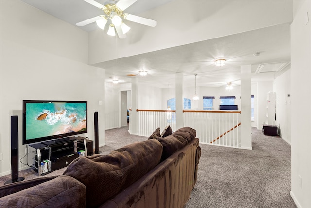 living room with carpet floors and ceiling fan