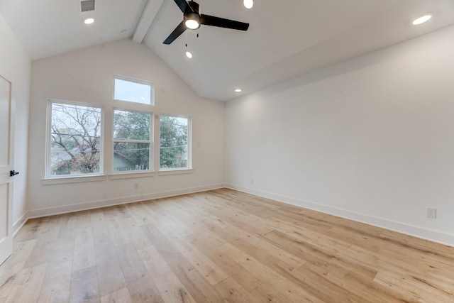 empty room featuring ceiling fan, high vaulted ceiling, beam ceiling, and light wood-type flooring