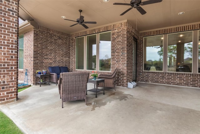 view of patio / terrace with ceiling fan and an outdoor hangout area