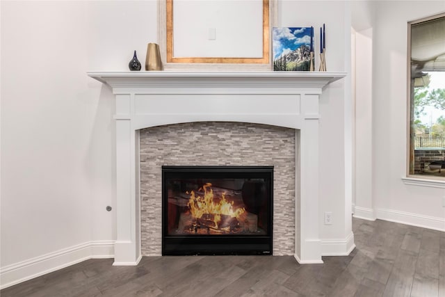 details featuring a tiled fireplace and hardwood / wood-style floors