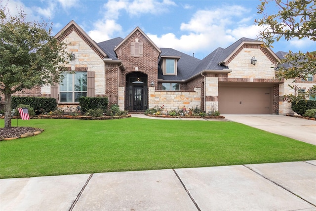 view of front of property featuring a garage and a front lawn