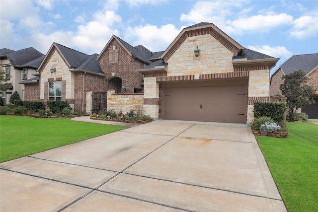 view of front of home with a front lawn and a garage