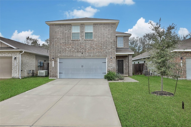 front facade with a front yard, a garage, and central AC