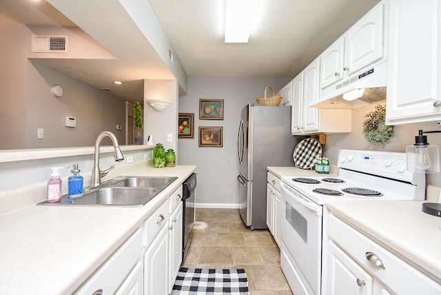 kitchen featuring white electric range, sink, light tile patterned flooring, black dishwasher, and white cabinets