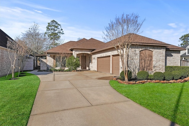 french country style house featuring a garage, concrete driveway, brick siding, and a front lawn