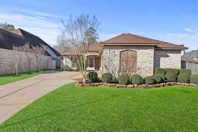 french country home featuring brick siding, a shingled roof, fence, concrete driveway, and a front yard