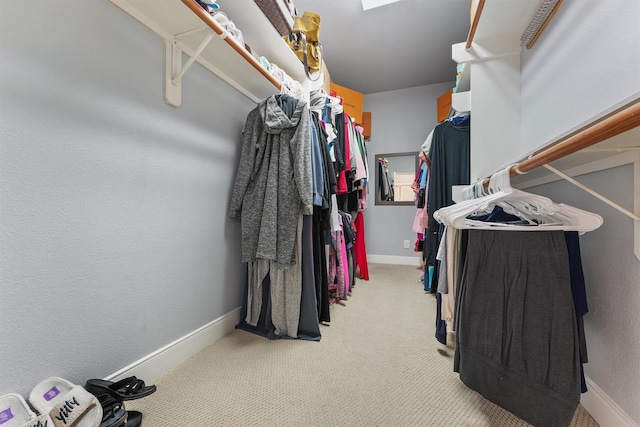 walk in closet with light colored carpet