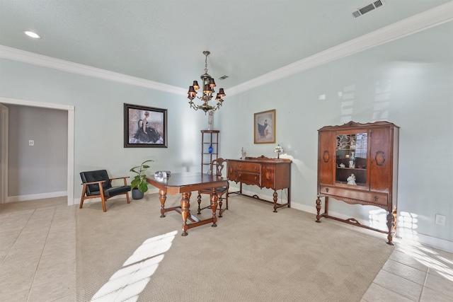 living area featuring light tile patterned floors, crown molding, and an inviting chandelier