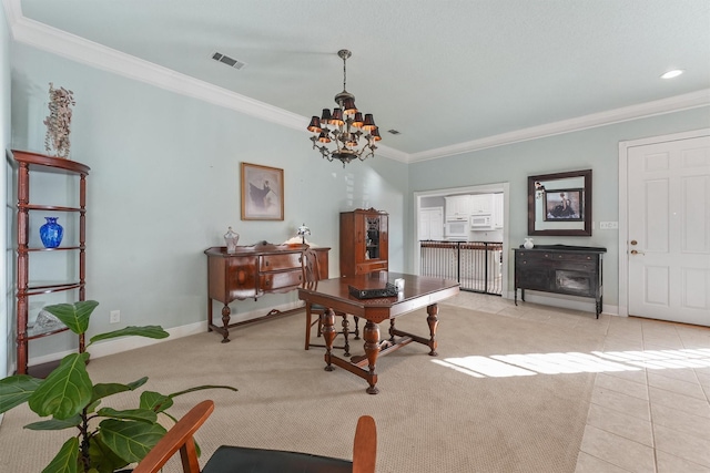 interior space with light tile patterned floors, an inviting chandelier, and ornamental molding