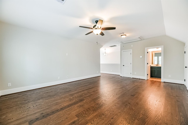 unfurnished living room with vaulted ceiling, ceiling fan, and dark hardwood / wood-style flooring