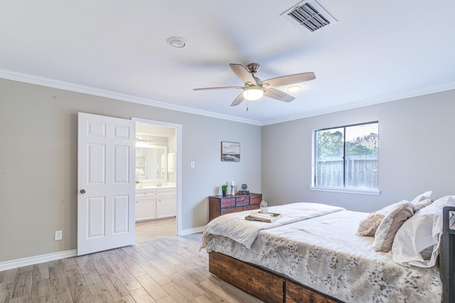 bedroom with ceiling fan, light hardwood / wood-style flooring, and crown molding