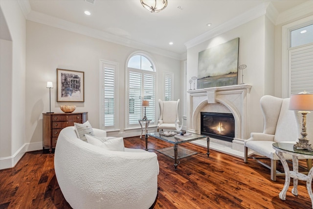 living room featuring dark hardwood / wood-style floors and crown molding