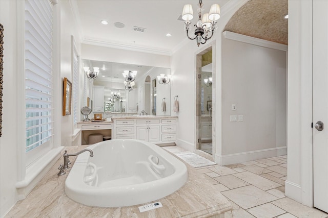 bathroom featuring vanity, a notable chandelier, crown molding, and plus walk in shower