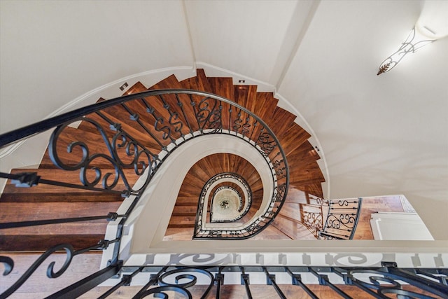 stairway with lofted ceiling