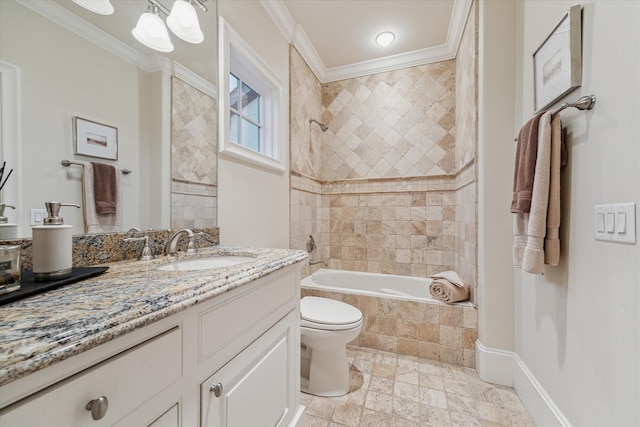 full bathroom with toilet, tiled shower / bath combo, vanity, and crown molding