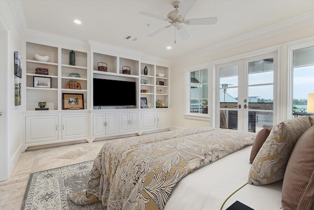 bedroom featuring ceiling fan, french doors, and ornamental molding