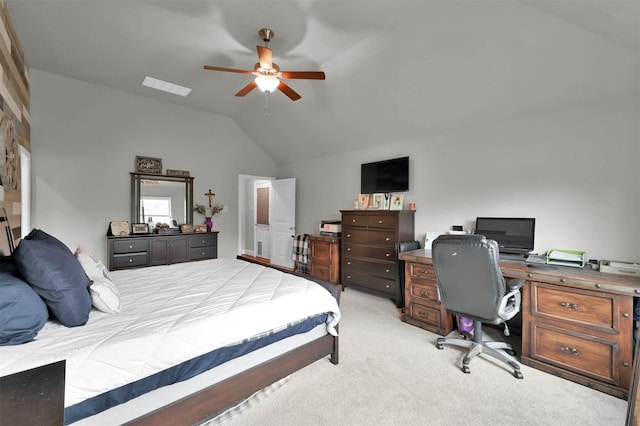 bedroom featuring ceiling fan, light carpet, and lofted ceiling