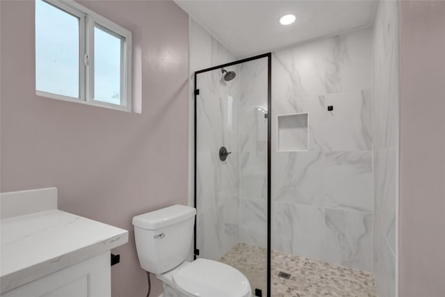 bathroom featuring toilet, vanity, and a shower with door