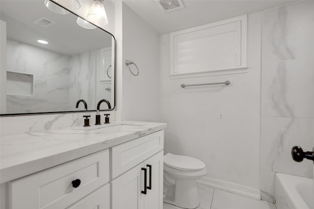 full bathroom with toilet, vanity, and shower / bathing tub combination