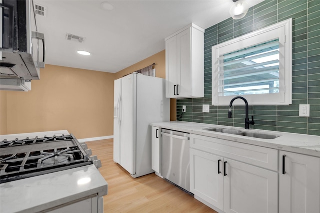 kitchen featuring stainless steel dishwasher, white cabinets, decorative backsplash, and sink