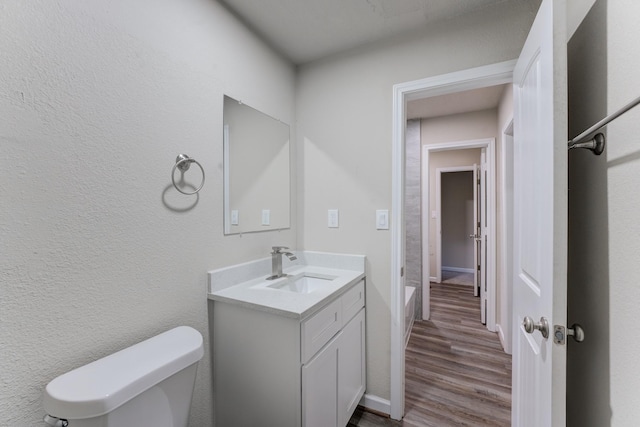 bathroom featuring toilet, vanity, and wood-type flooring