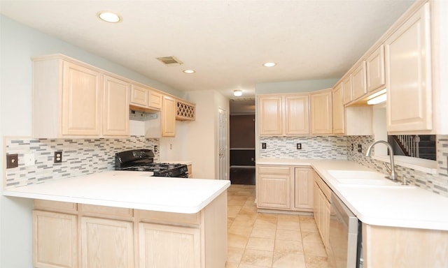 kitchen featuring dishwasher, black gas range, decorative backsplash, sink, and light brown cabinetry