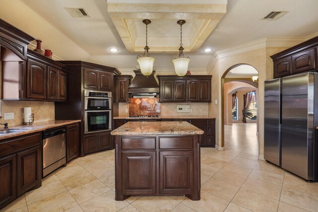 kitchen with dark brown cabinets, appliances with stainless steel finishes, premium range hood, a tray ceiling, and a kitchen island