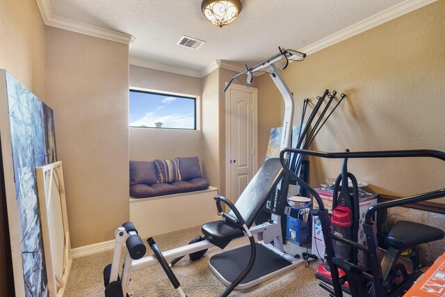 workout room featuring a textured ceiling, carpet floors, and ornamental molding