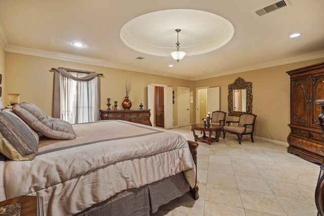 tiled bedroom featuring ornamental molding and a tray ceiling