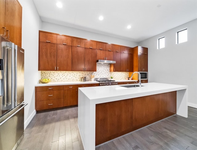 kitchen with wood-type flooring, stainless steel appliances, decorative backsplash, sink, and a center island with sink